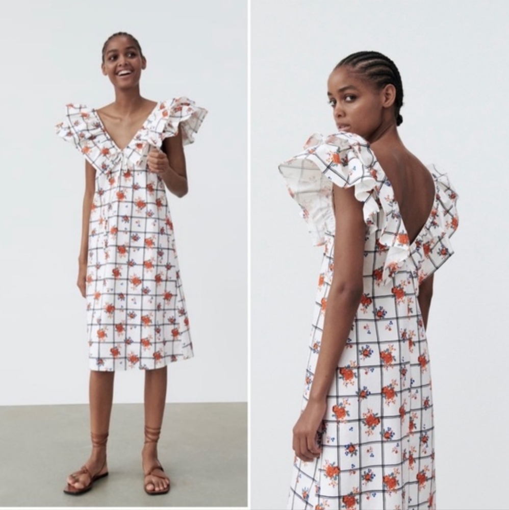 Zara White Floral Ruffle Sleeve Midi Dress